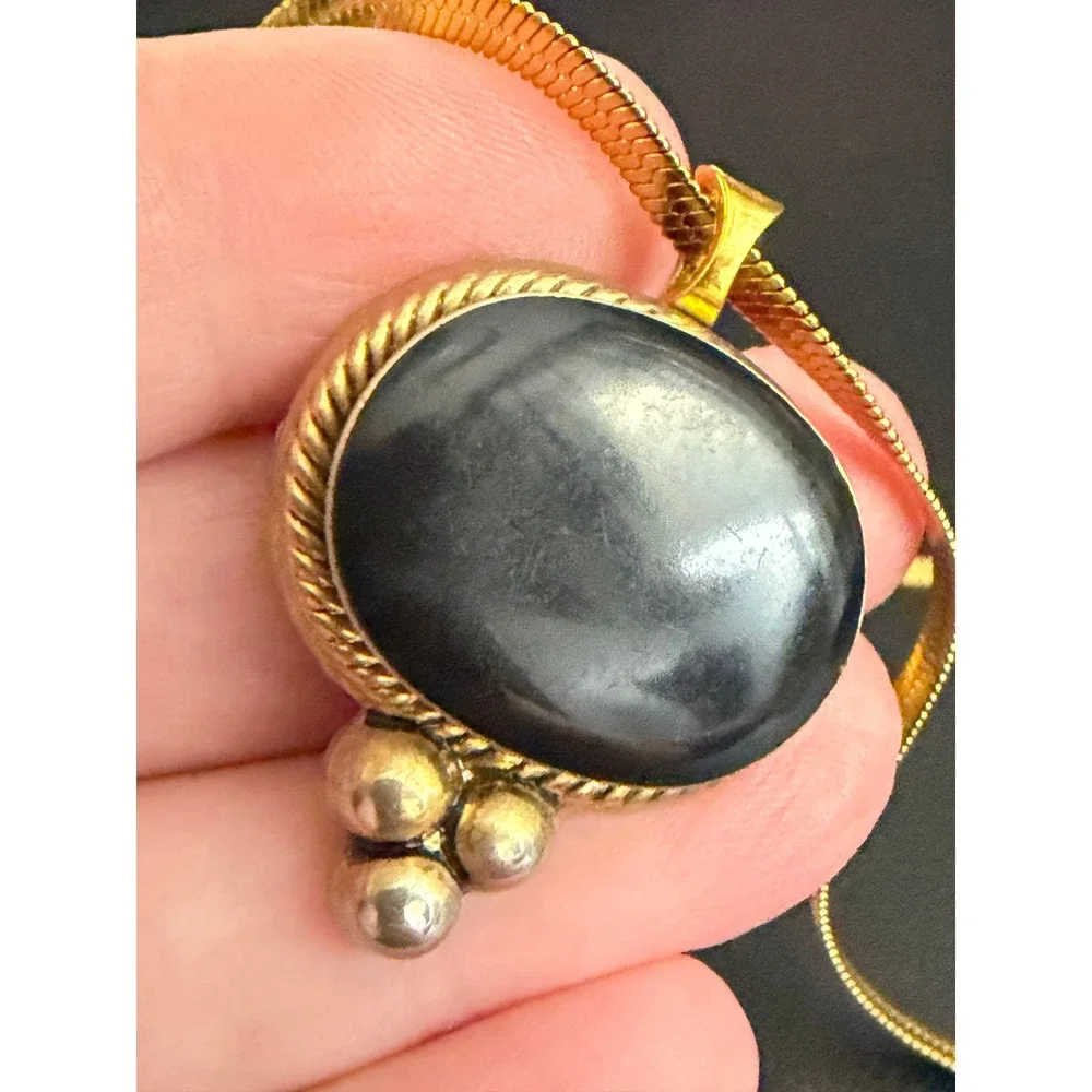 Vintage Necklace Gold Tone Black Herringbone Chain